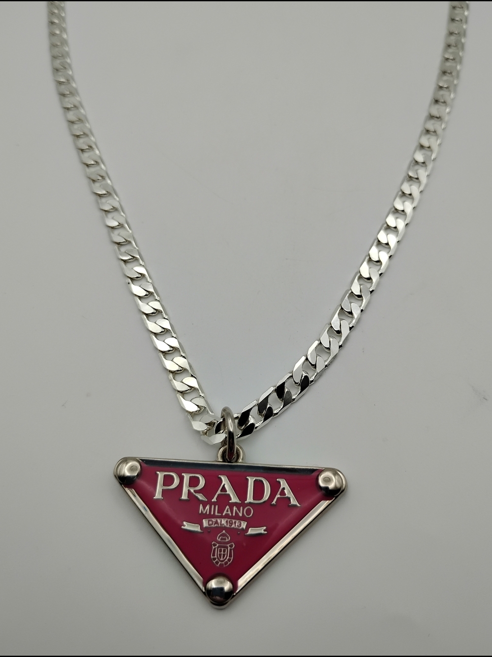 PRADA Milano Fuscia Triangle Logo Pendant On A 925 Sterling Silver Necklace - Picture 6 of 14